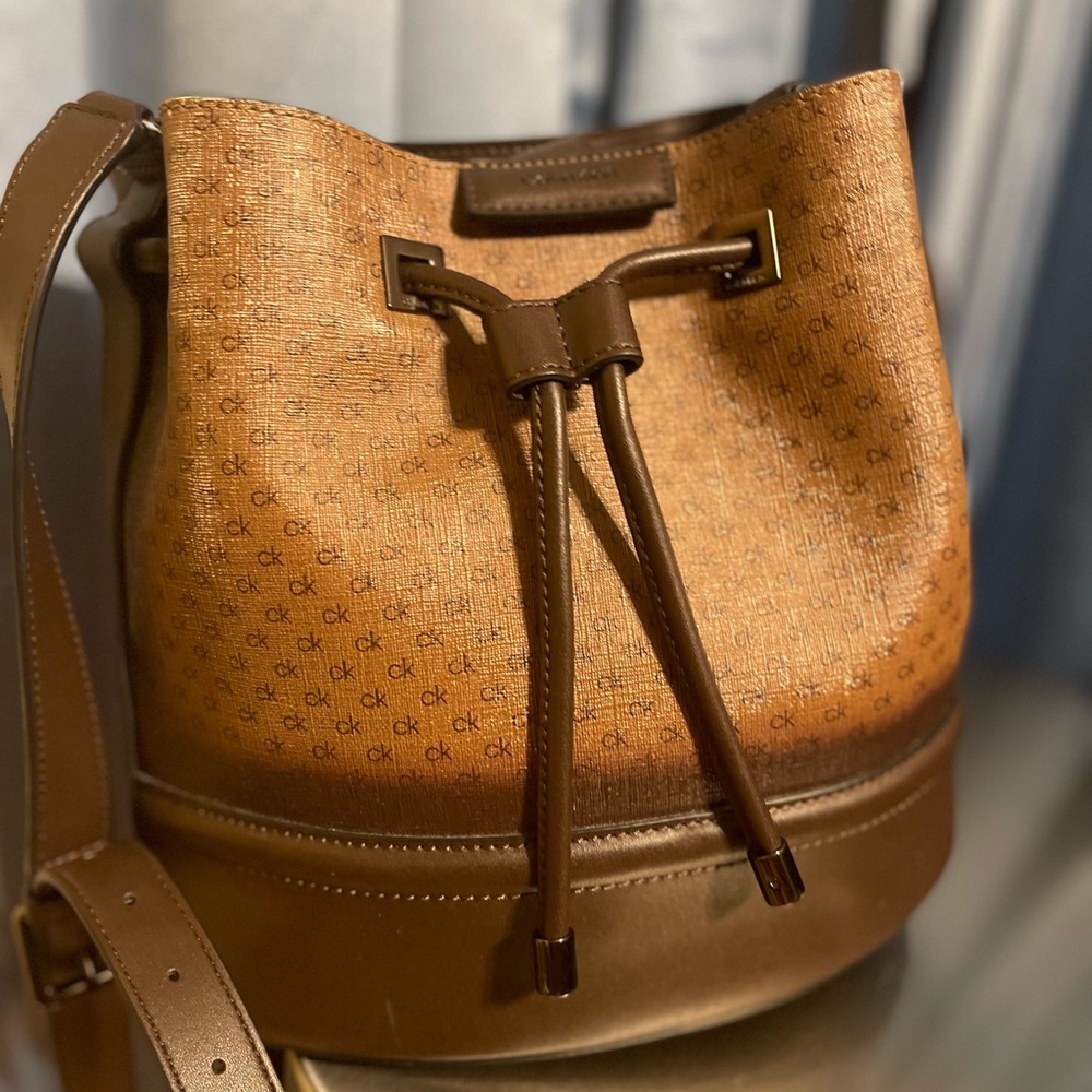 Calvin Klein Coated Canvas with Leather Bucket Crossbody Bag, Brown/Tan